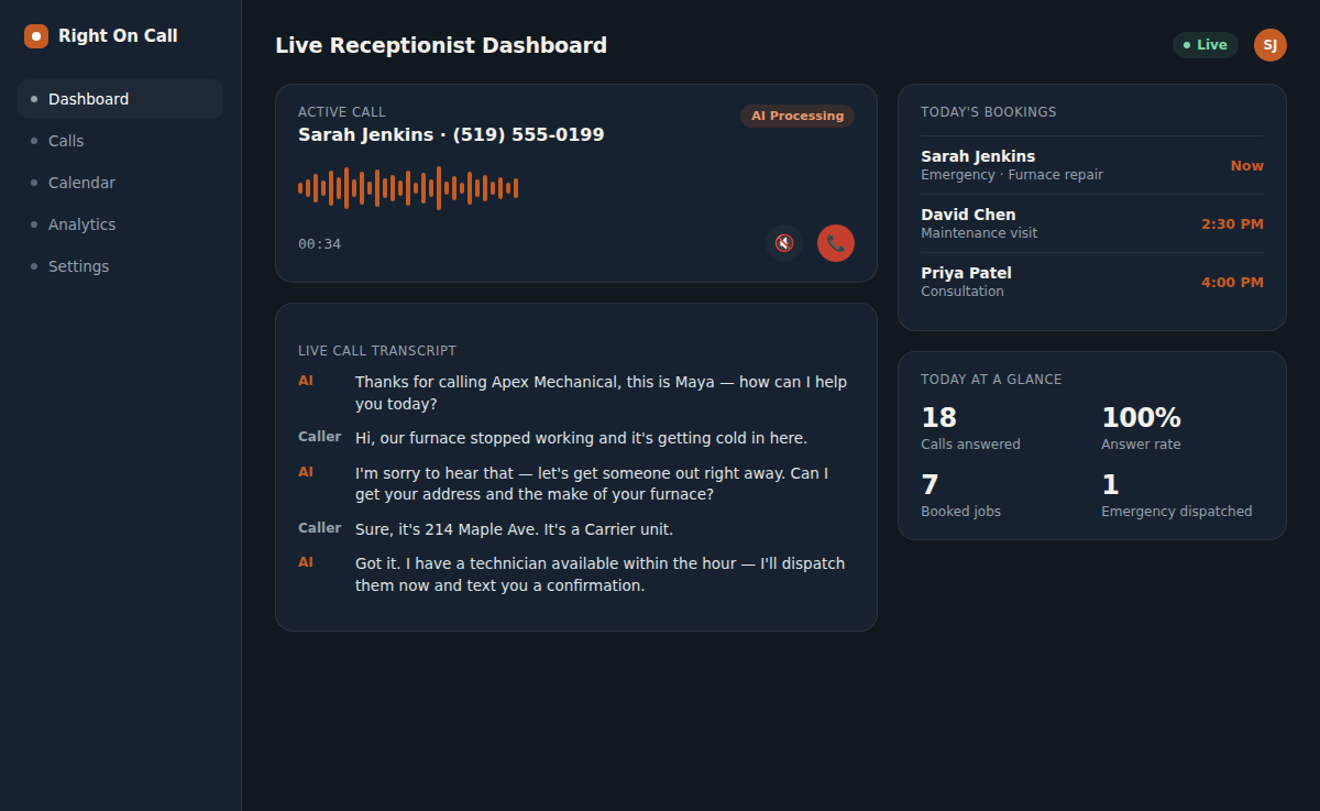 AI voice receptionist dashboard answering a live call and booking an appointment